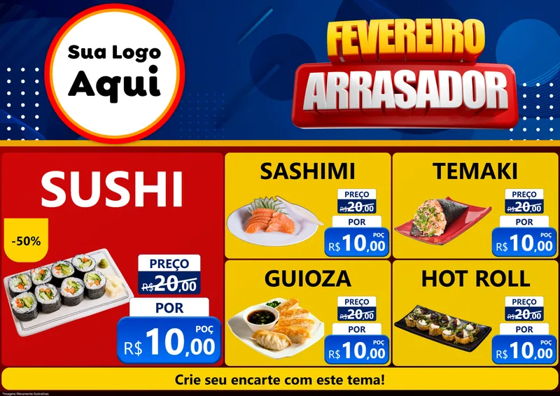 Modelo de Encarte para Encarte A4 Horizontal com o tema Fevereiro Arrasador para Comida japonesa