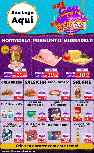 Modelo de Encarte para Encarte Grande com o tema Pré Carnaval de Ofertas para Frios e Laticínios