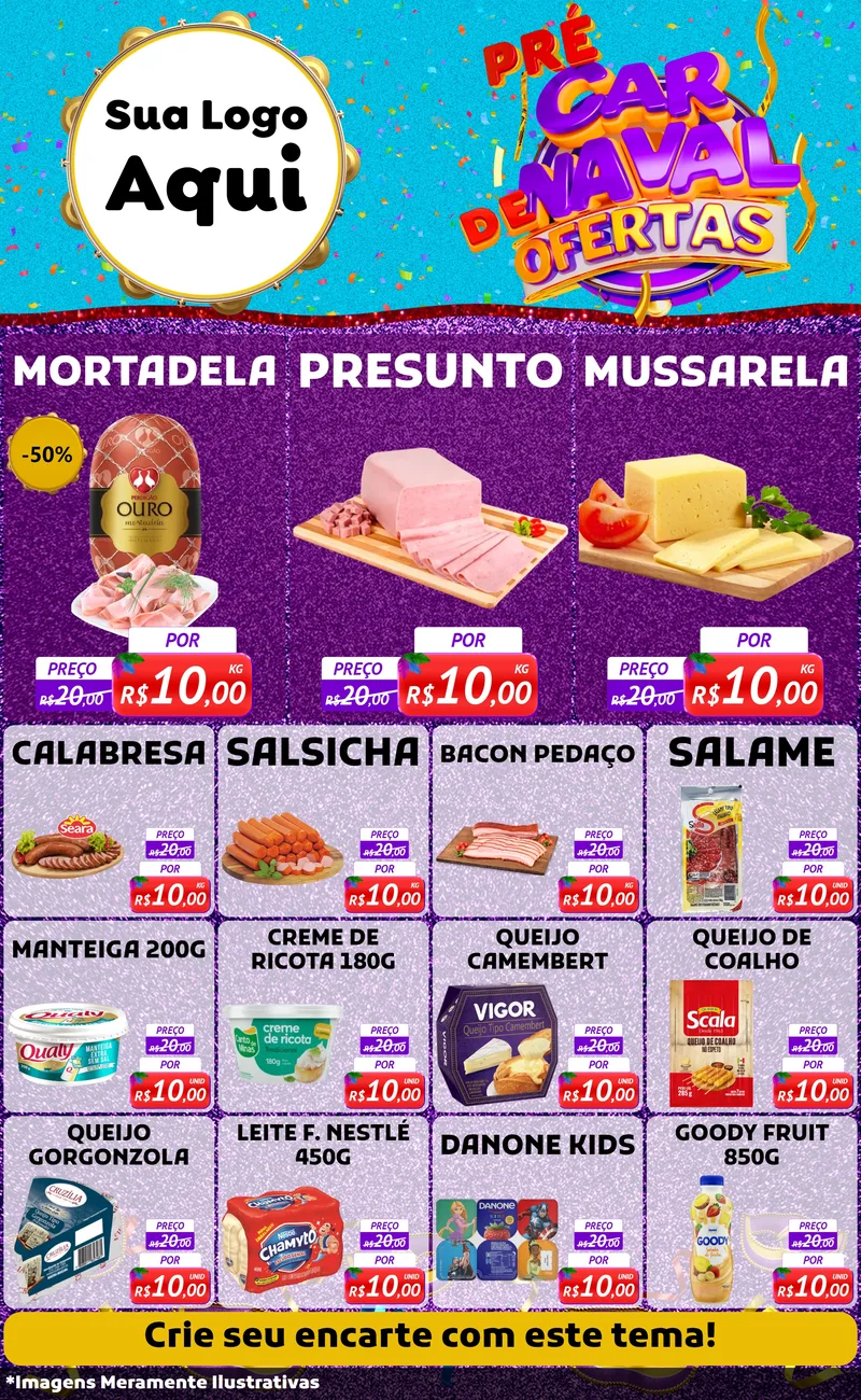 Modelo de Encarte para Encarte Grande com o tema Pré Carnaval de Ofertas para Frios e Laticínios