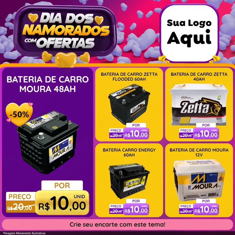 Modelo de Rede Social para Feed Facebook com o tema Dia Dos Namorados Com Ofertas para Baterias Elétricas