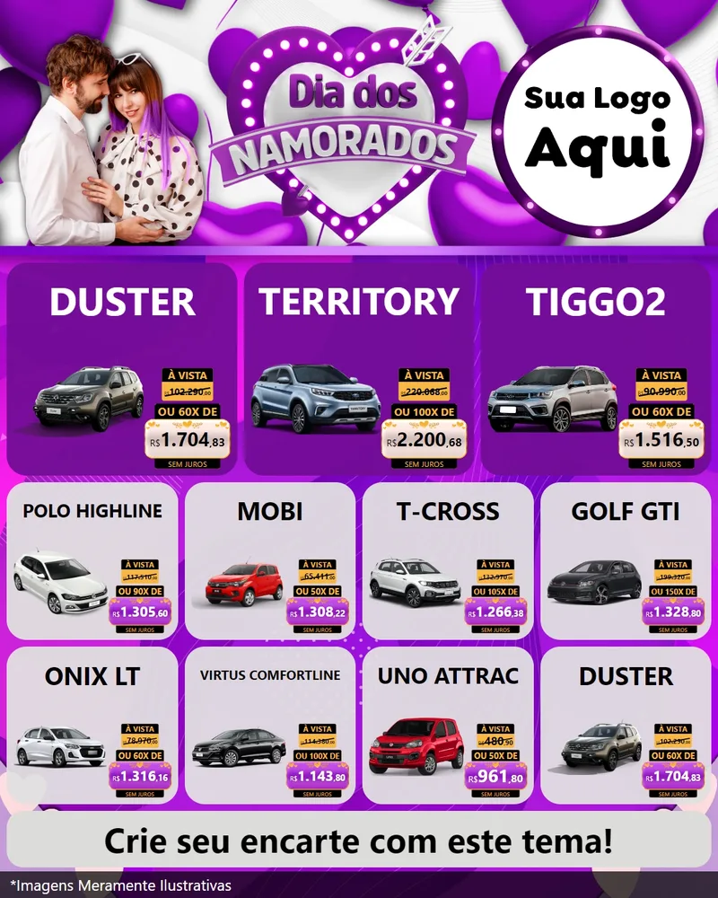 Modelo de Rede Social para Feed Instagram com o tema Dia dos Namorados para Concessionaria de Carros