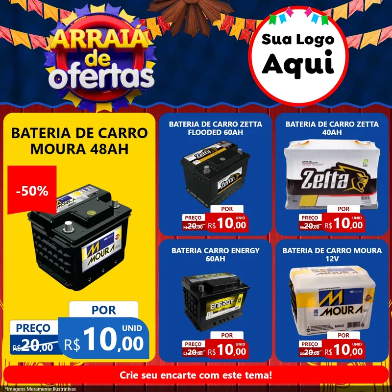 Modelo de Rede Social para Feed Facebook com o tema Arraiá de Ofertas para Baterias Elétricas