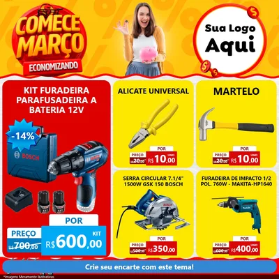 Modelo de Rede Social para Feed Facebook com o tema Comece Março Economizando para Maquinas e Ferramentas
