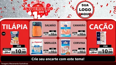 Modelo de TV para TV Horizontal com o tema Promoção de Aniversário - 1 Ano para Peixaria