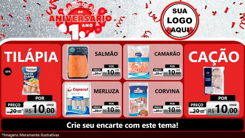 Modelo de TV para TV Horizontal com o tema Promoção de Aniversário - 1 Ano para Peixaria