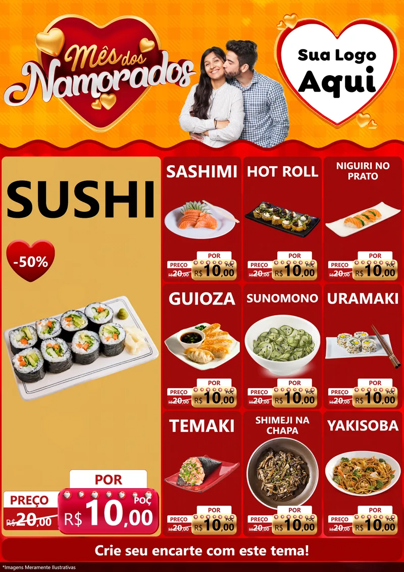 Modelo de Encarte para Encarte A4 Vertical com o tema Mês dos Namorados para Comida japonesa