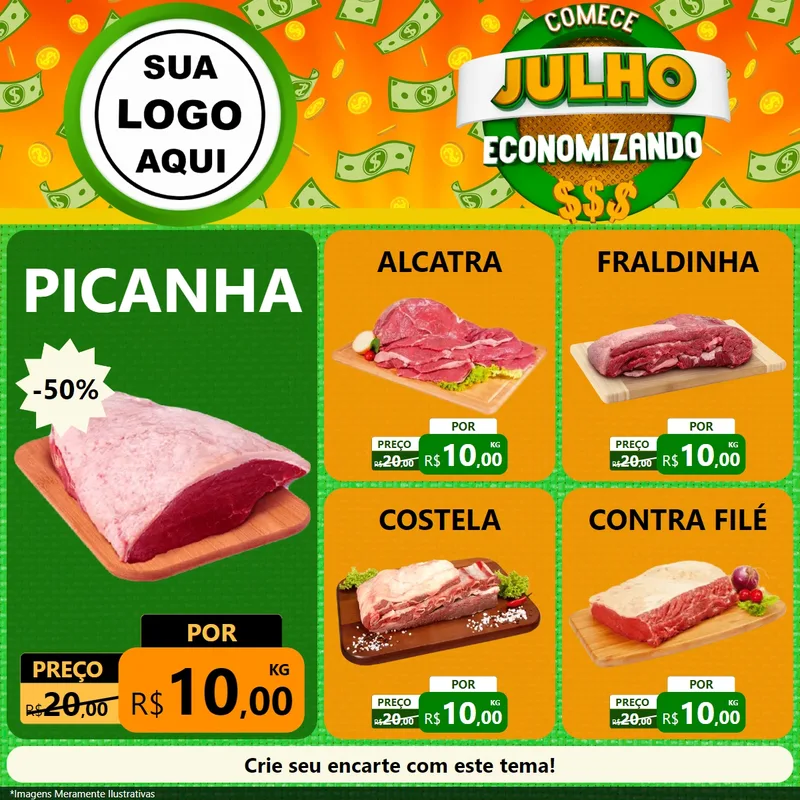 Modelo de Rede Social para Feed Facebook com o tema Comece Julho Economizando para Açougue