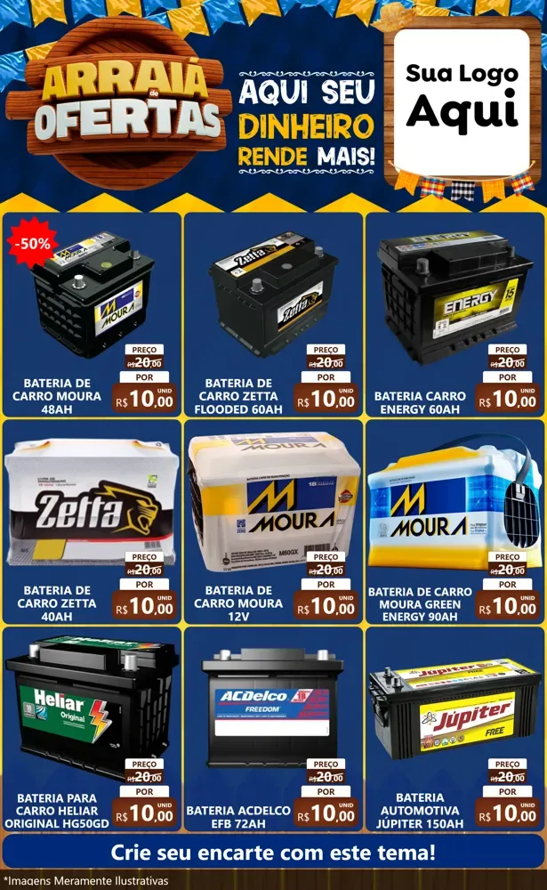 Modelo de Encarte para Encarte Grande com o tema Arraiá de Ofertas - Junina para Baterias Elétricas