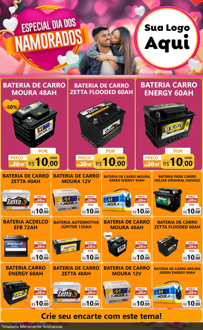 Modelo de Encarte para Encarte Grande com o tema Especial Dia dos Namorados para Baterias Elétricas