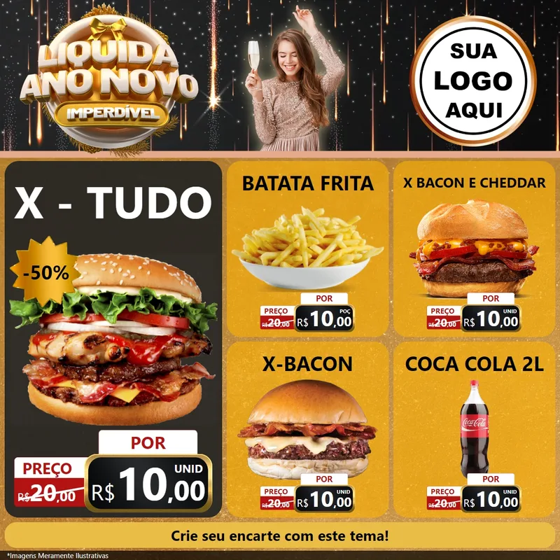 Modelo de Rede Social para Feed Facebook com o tema Liquida Ano Novo Imperdível para Hamburgueria