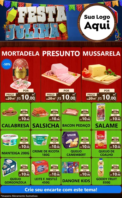 Modelo de Encarte para Encarte Grande com o tema Festa Julina para Frios e Laticínios