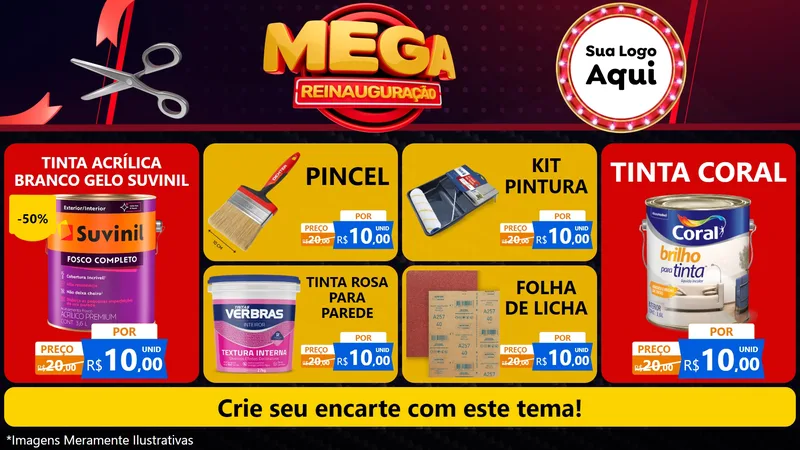 Modelo de TV para TV Horizontal com o tema Mega Reinauguração para Tintas e Ferramentas
