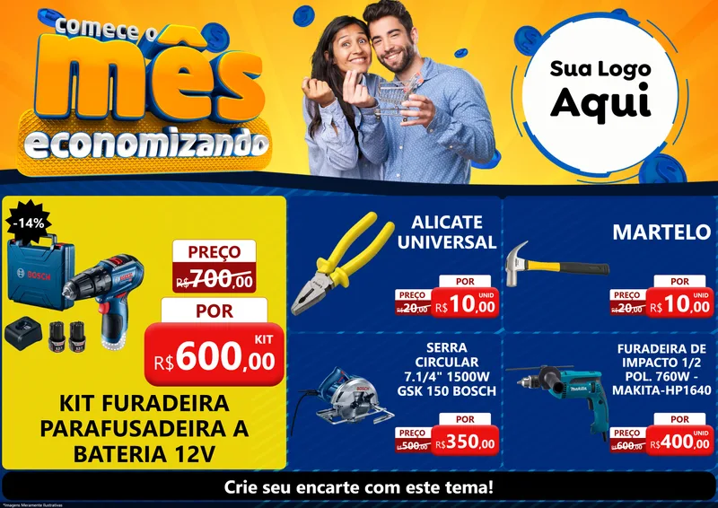 Modelo de Encarte para Encarte A4 Horizontal com o tema Comece O Mês Economizando para Maquinas e Ferramentas