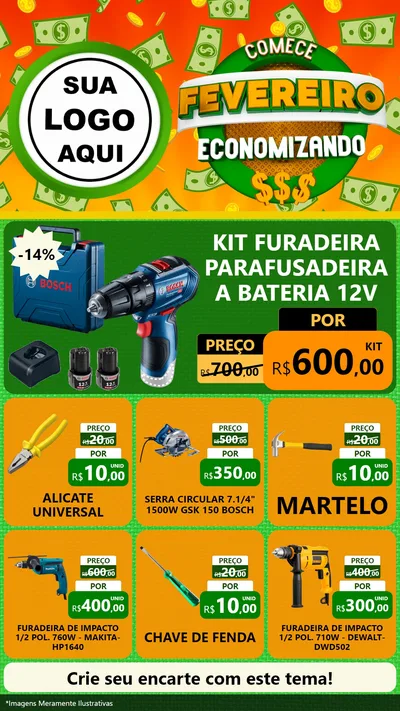 Modelo de Rede Social para Stories com o tema Comece Fevereiro Economizando para Maquinas e Ferramentas