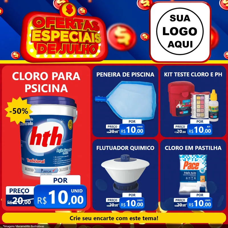 Modelo de Rede Social para Feed Facebook com o tema Ofertas Especiais de Julho para Produtos para Piscina