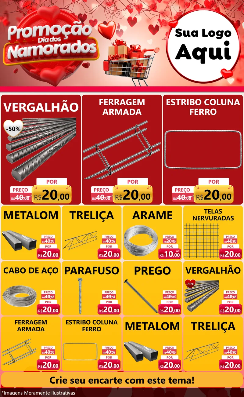 Modelo de Encarte para Encarte Grande com o tema Promoção Dia dos Namorados para Ferragens
