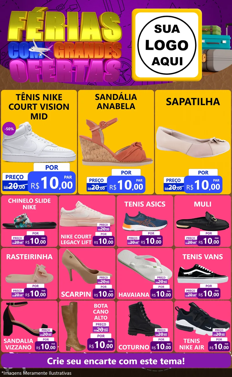 Modelo de Encarte para Encarte Grande com o tema Férias com Grandes Ofertas para Calçados