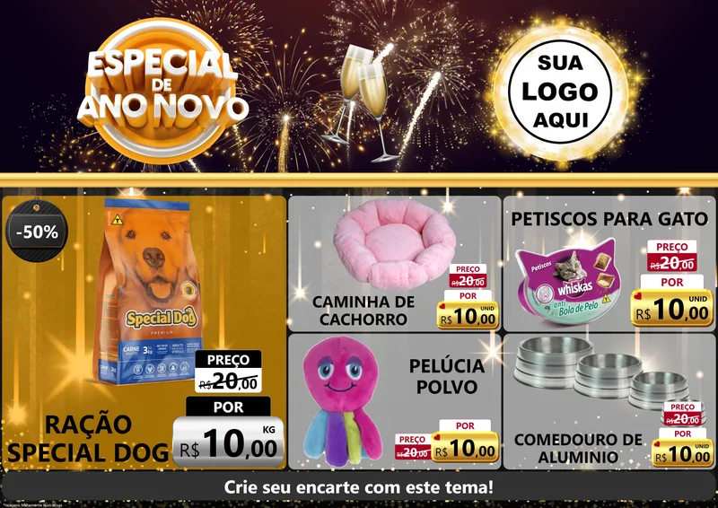 Modelo de Encarte para Encarte A4 Horizontal com o tema Especial de Ano Novo para Pet Shop