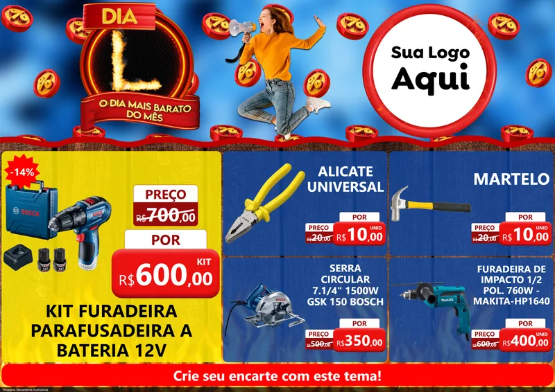 Modelo de Encarte para Encarte A4 Horizontal com o tema Dia L - O Dia Mais Barato Do Mês para Maquinas e Ferramentas