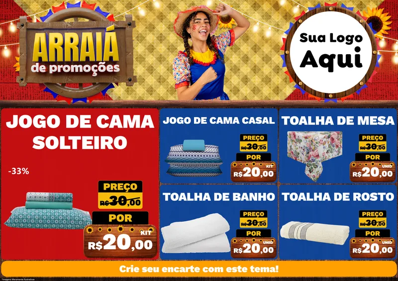 Modelo de Encarte para Encarte A4 Horizontal com o tema Arraiá de Promoções para Cama, Mesa e Banho
