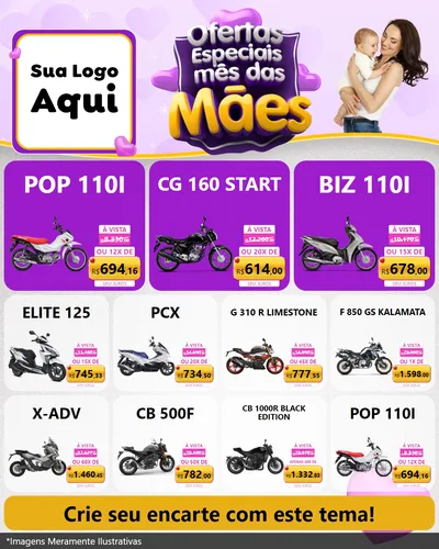 Modelo de Rede Social para Feed Instagram com o tema Ofertas Especiais - Mês das Mães para Concessionaria de Motos