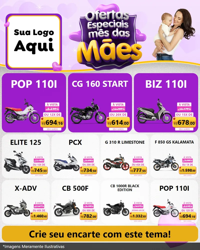 Modelo de Rede Social para Feed Instagram com o tema Ofertas Especiais - Mês das Mães para Concessionaria de Motos
