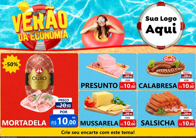 Modelo de Encarte para Encarte A4 Horizontal com o tema Verão da Economia para Frios e Laticínios