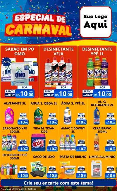 Modelo de Encarte para Encarte Grande com o tema Especial de Carnaval para Produtos de Limpeza