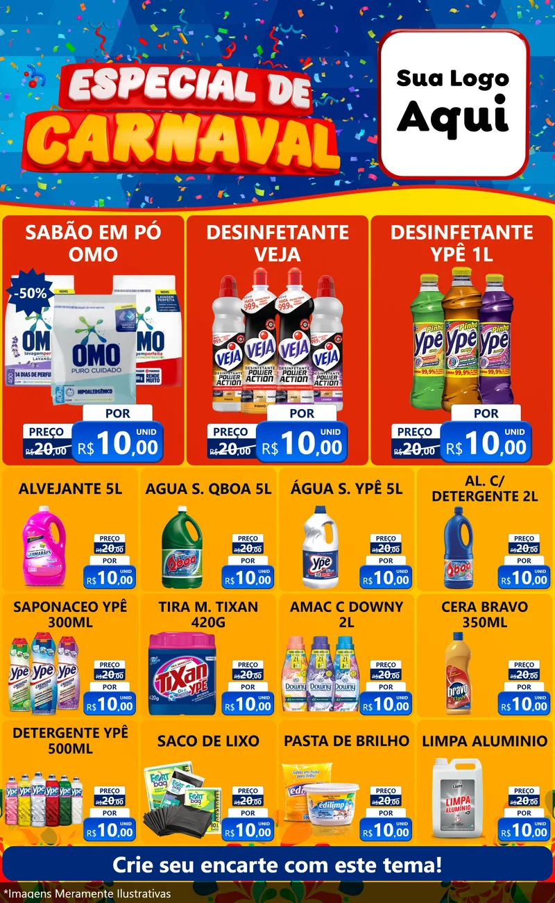 Modelo de Encarte para Encarte Grande com o tema Especial de Carnaval para Produtos de Limpeza