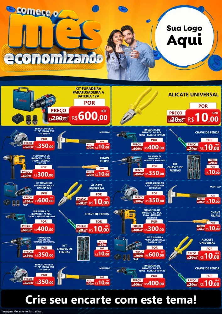 Modelo de Encarte para Encarte A4 Vertical com o tema Comece O Mês Economizando para Maquinas e Ferramentas