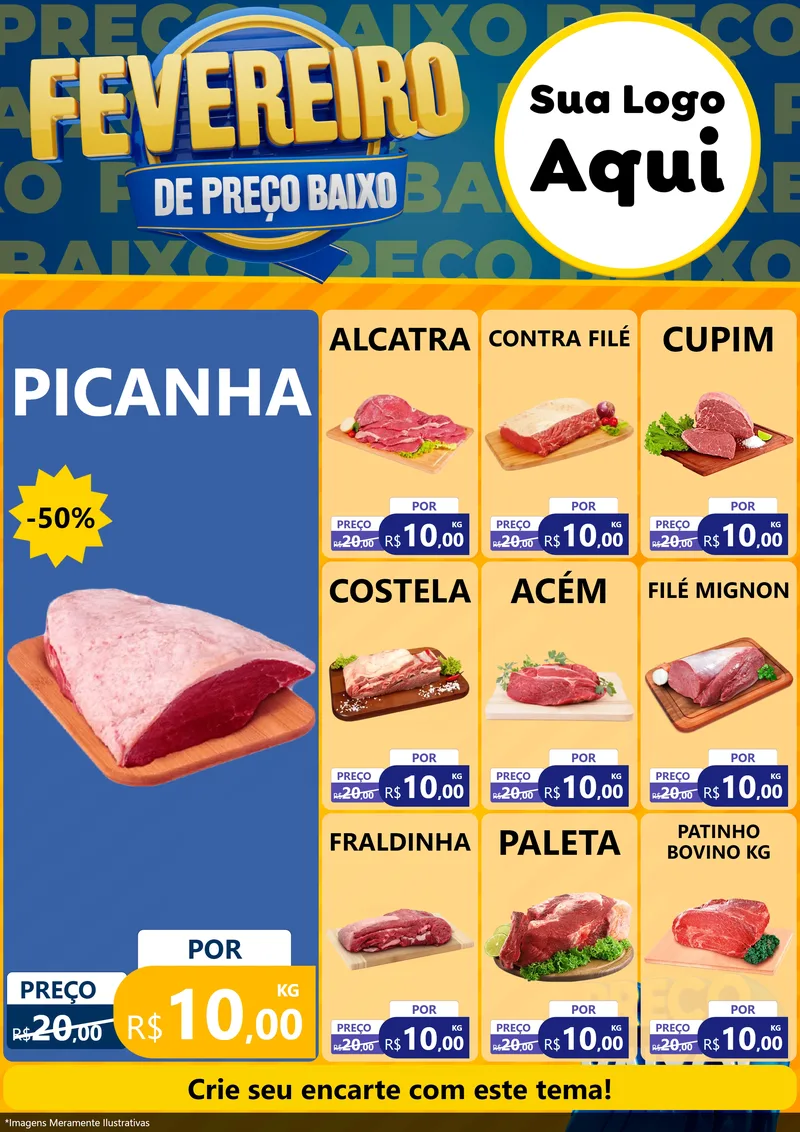 Modelo de Encarte para Encarte A4 Vertical com o tema Fevereiro de Preço Baixo para Açougue