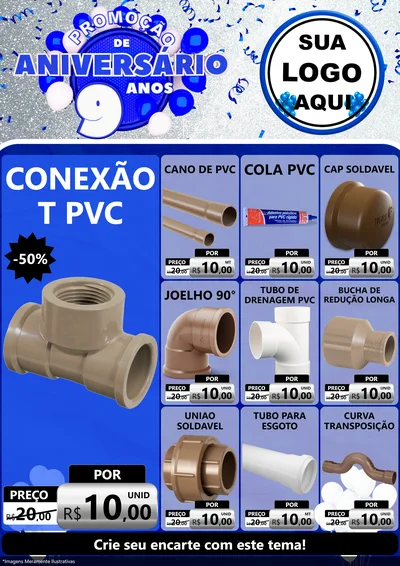 Modelo de Encarte para Encarte A4 Vertical com o tema Promoção de Aniversário - 9 Anos para Tubos e conexões