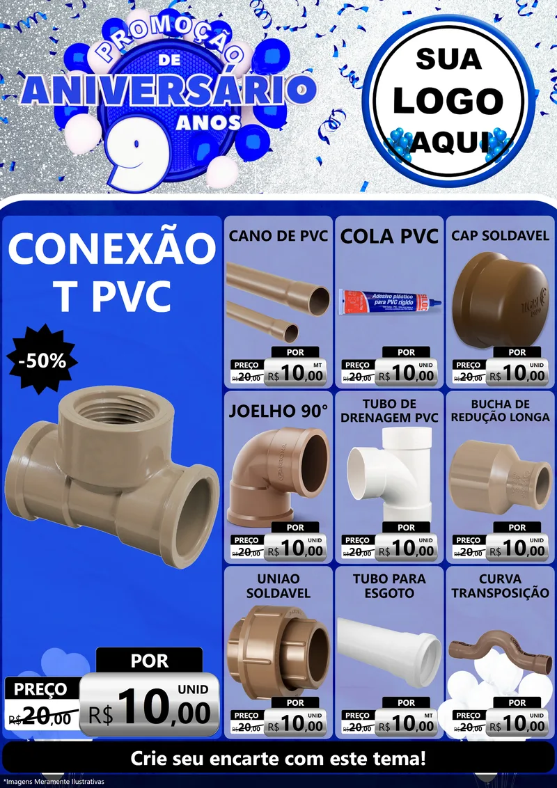 Modelo de Encarte para Encarte A4 Vertical com o tema Promoção de Aniversário - 9 Anos para Tubos e conexões