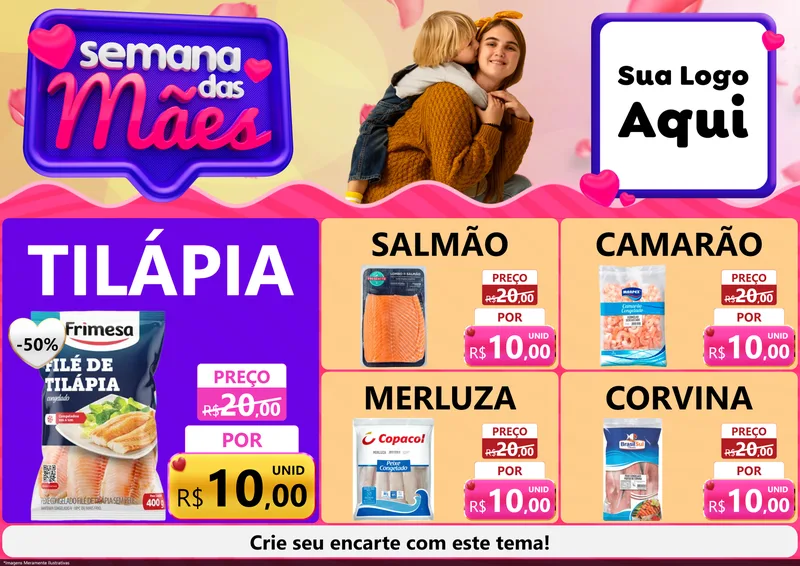Modelo de Encarte para Encarte A4 Horizontal com o tema Semana das Mães para Peixaria