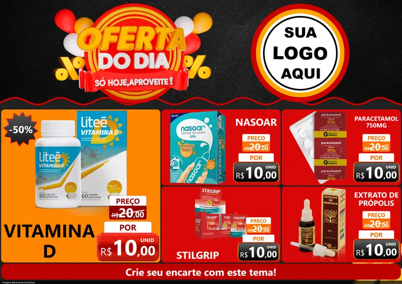 Modelo de Encarte para Encarte A4 Horizontal com o tema Oferta do Dia - Só hoje, Aproveite! para Farmácia