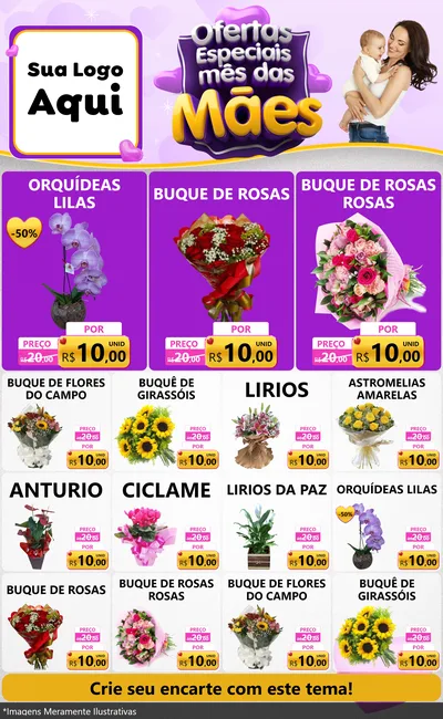Modelo de Encarte para Encarte Grande com o tema Ofertas Especiais - Mês das Mães para Floricultura e jardim