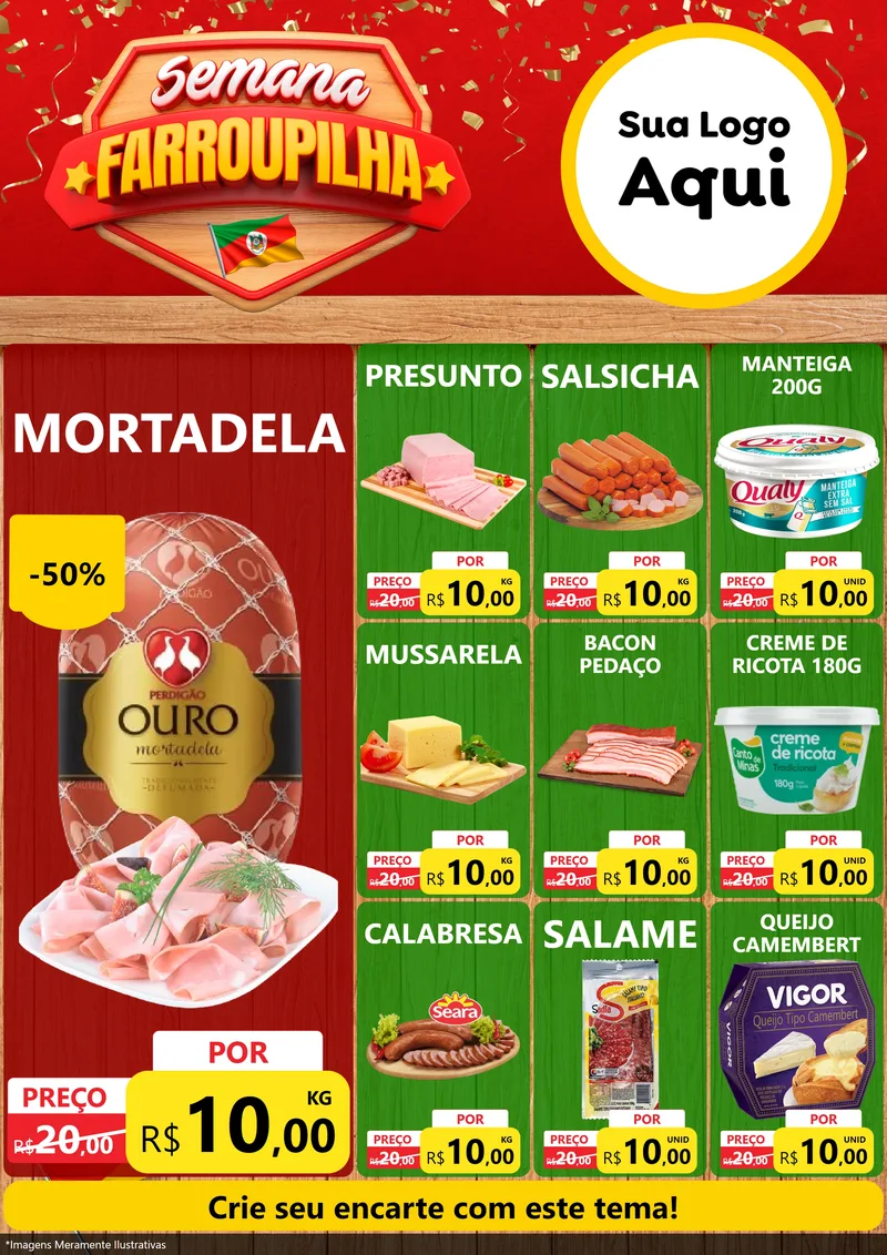 Modelo de Encarte para Encarte A4 Vertical com o tema Semana Farroupilha para Frios e Laticínios