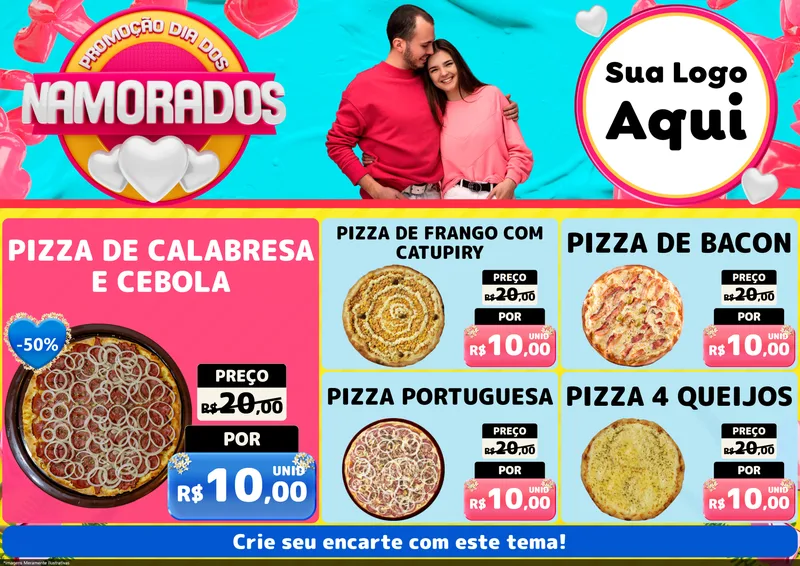Modelo de Encarte para Encarte A4 Horizontal com o tema Promoção Dia dos Namorados para Pizzaria