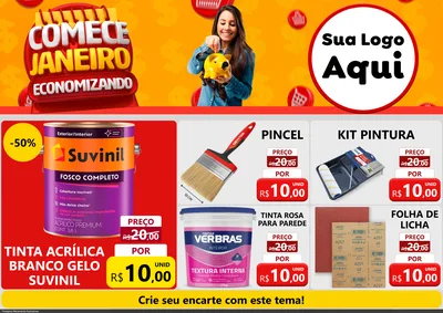 Modelo de Encarte para Encarte A4 Horizontal com o tema Comece Janeiro Economizando para Tintas e Ferramentas