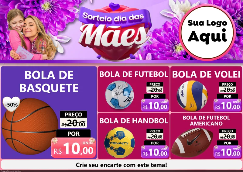 Modelo de Encarte para Encarte A4 Horizontal com o tema Sorteio Dia das Mães para Artigos Esportivos