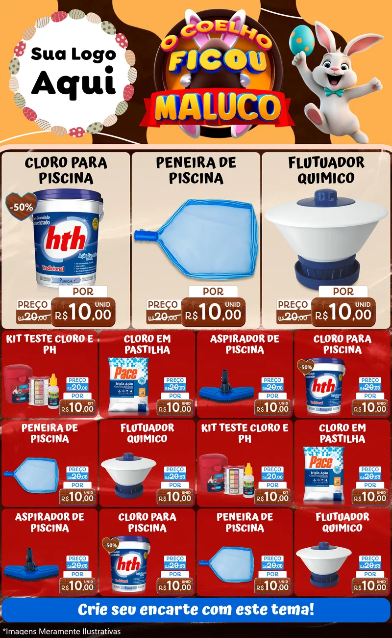 Modelo de Encarte para Encarte Grande com o tema O Coelho Ficou Maluco - Páscoa para Produtos para Piscina