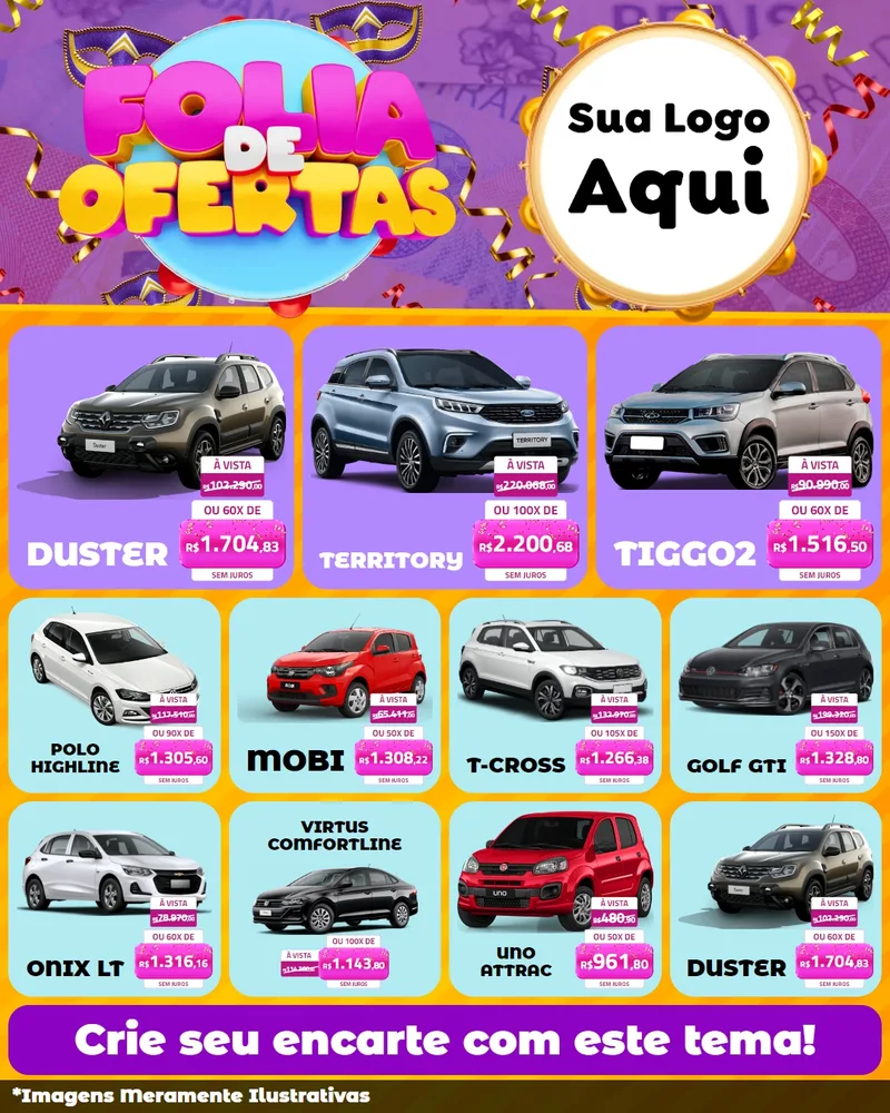 Modelo de Rede Social para Feed Instagram com o tema Folia de Ofertas para Concessionaria de Carros
