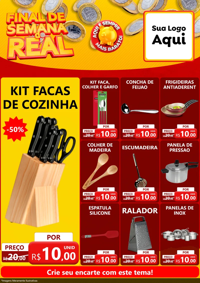 Modelo de Encarte para Encarte A4 Vertical com o tema Final de Semana do Real para Utilidades Domésticas