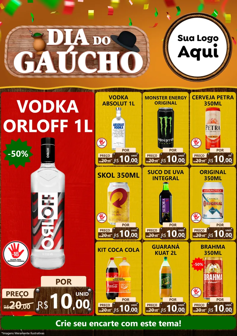 Modelo de Encarte para Encarte A4 Vertical com o tema Dia do Gaúcho para Distribuidora de bebidas