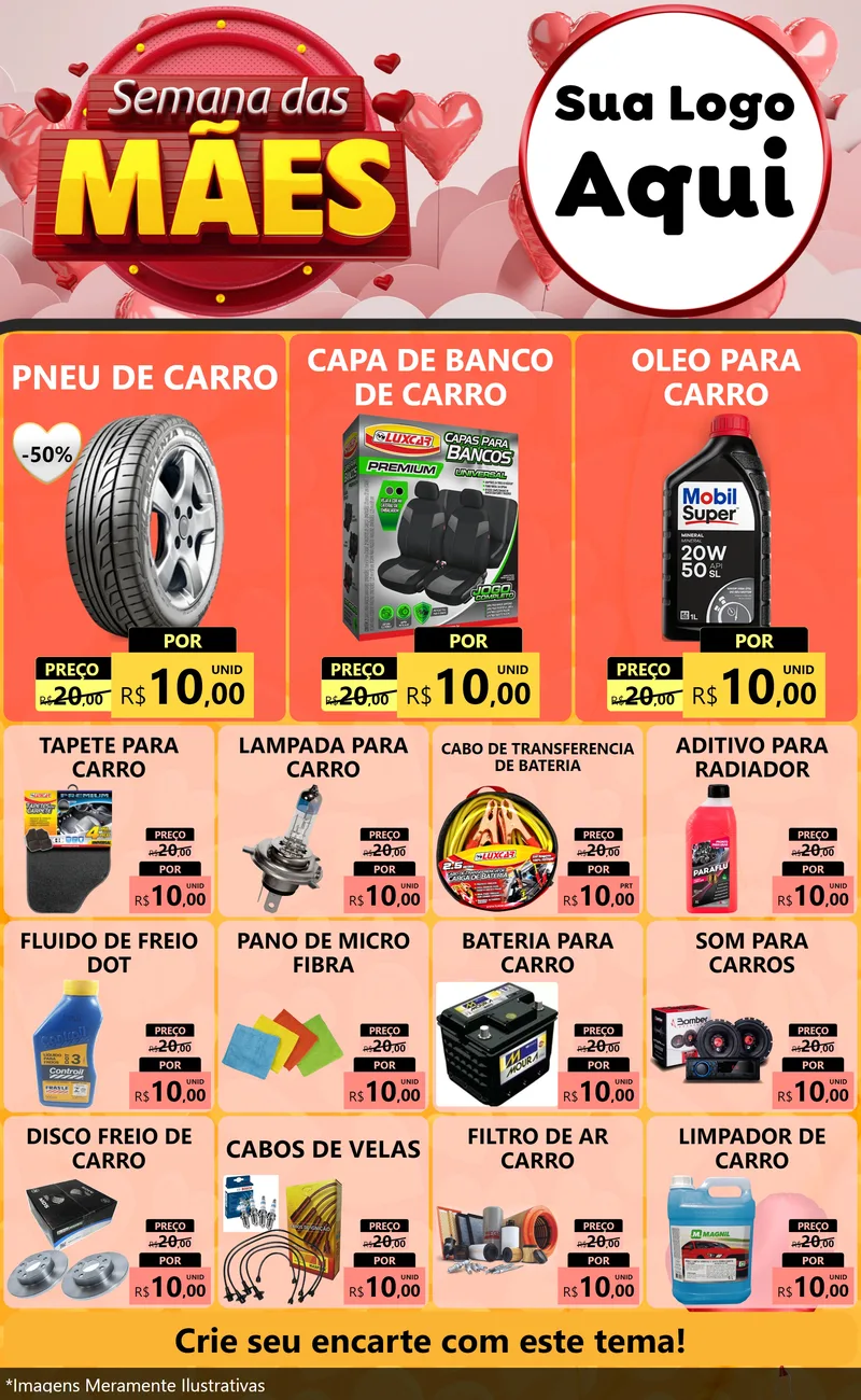 Modelo de Encarte para Encarte Grande com o tema Semana das Mães para Auto peças