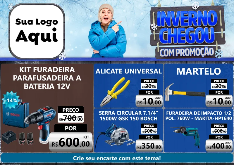 Modelo de Encarte para Encarte A4 Horizontal com o tema Inverno Chegou Com Promoção para Maquinas e Ferramentas