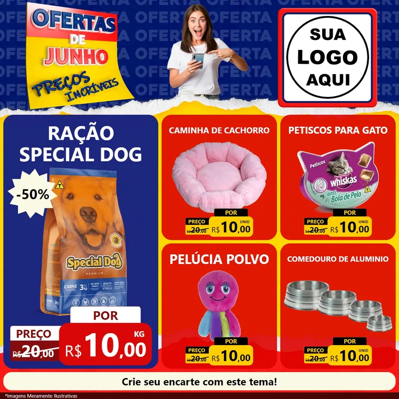 Modelo de Rede Social para Feed Facebook com o tema Ofertas de Junho - Preços Incríveis para Pet Shop