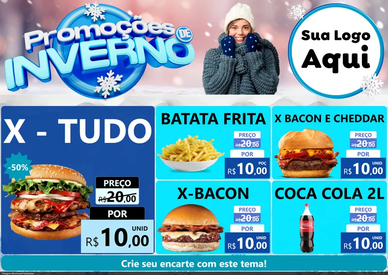 Modelo de Encarte para Encarte A4 Horizontal com o tema Promoções de Inverno para Hamburgueria