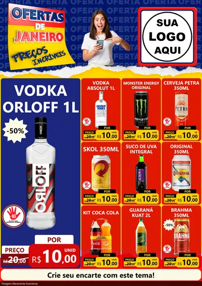Modelo de Encarte para Encarte A4 Vertical com o tema Ofertas de Janeiro - Preços Incríveis para Distribuidora de bebidas