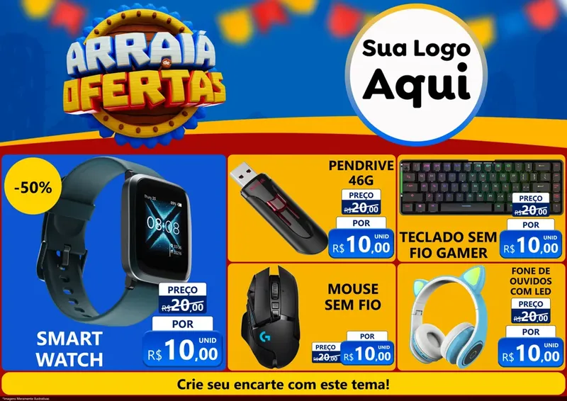 Modelo de Encarte para Encarte A4 Horizontal com o tema Arraiá de Ofertas - Junina para Informática